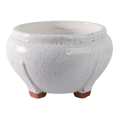 Terracotta Planter Crackled Glaze Round Footed Design - 6" White - 10" x 10" x 6"