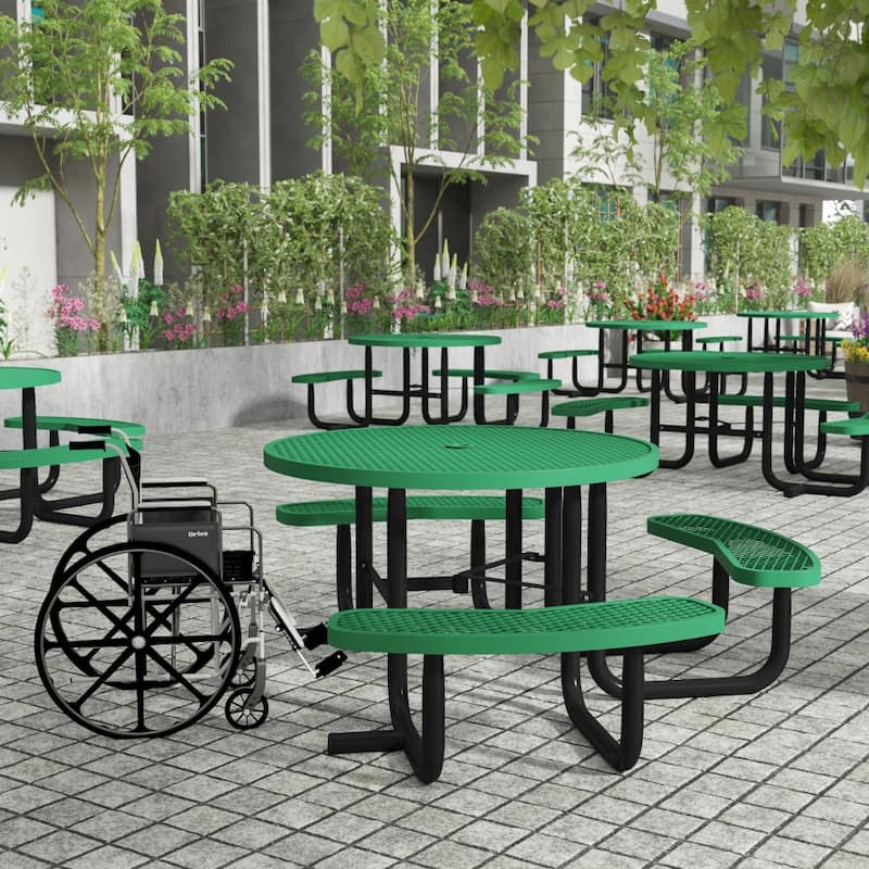 46" Round Wheelchair Accessible Metal Picnic Table with Ground Anchors - 82.5"W x 82.5"D x 29"H - Green