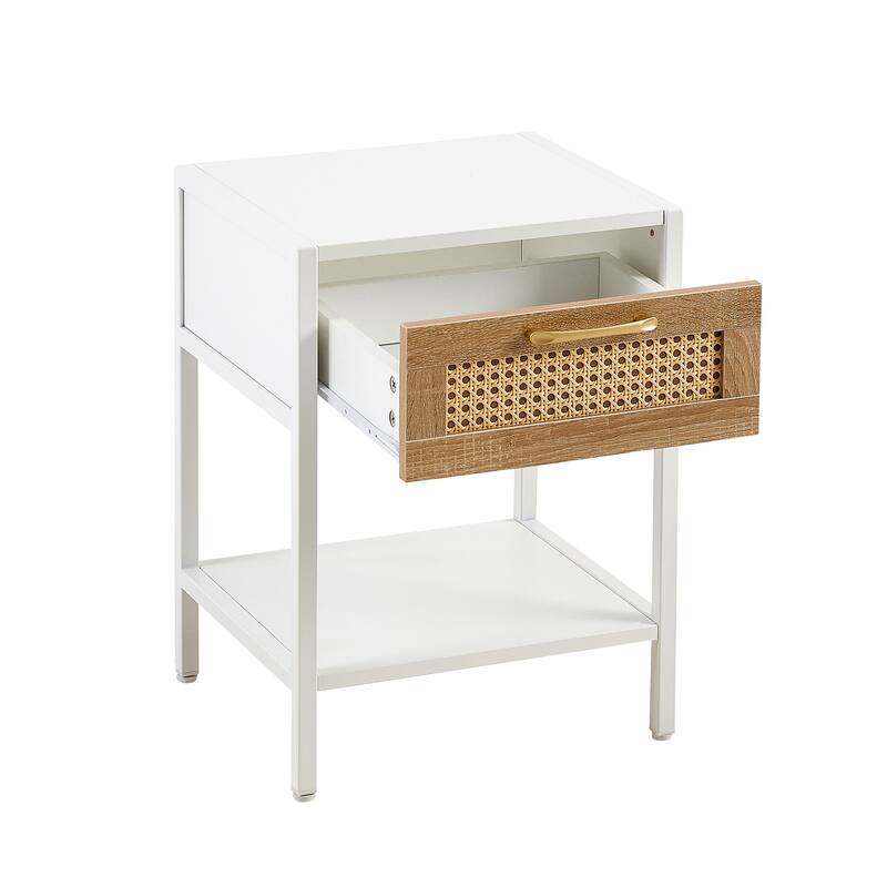 Rattan End Table with Drawer and Metal Legs