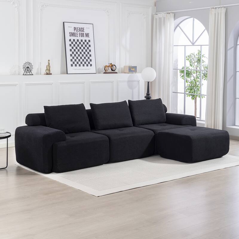 L-Shaped Sectional Convertible Sofa Bed, Corduroy Fabric, Steel Frame, Black - Multi-Color