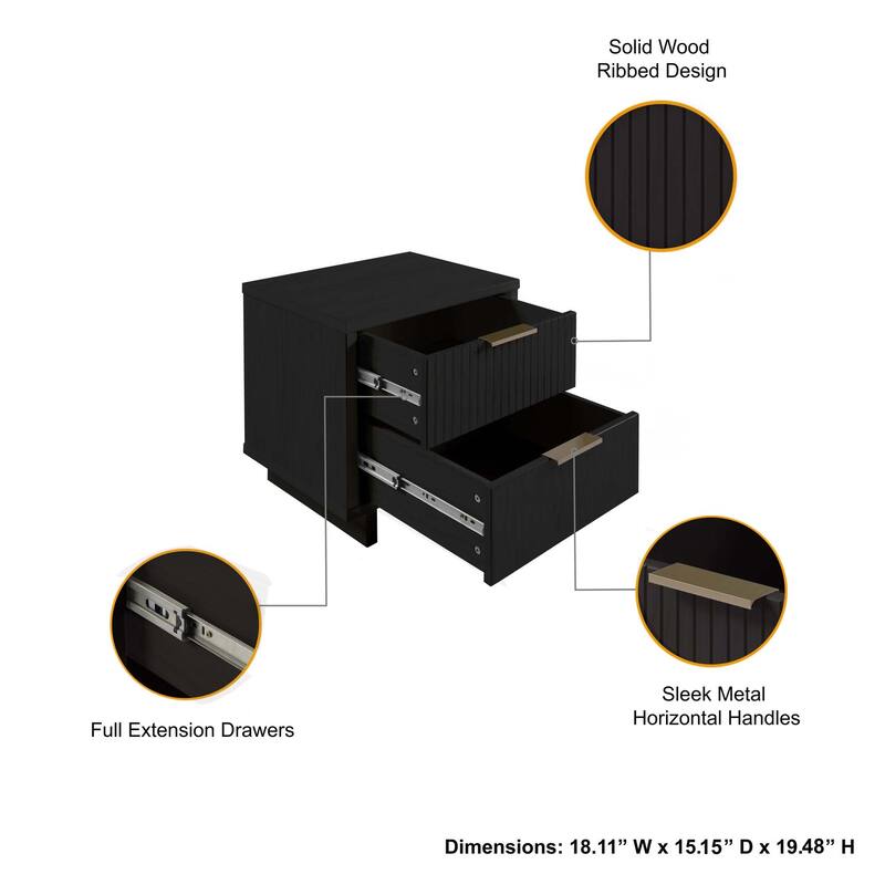 18-Inch Black Nightstand with Two Drawers and Glam Handles