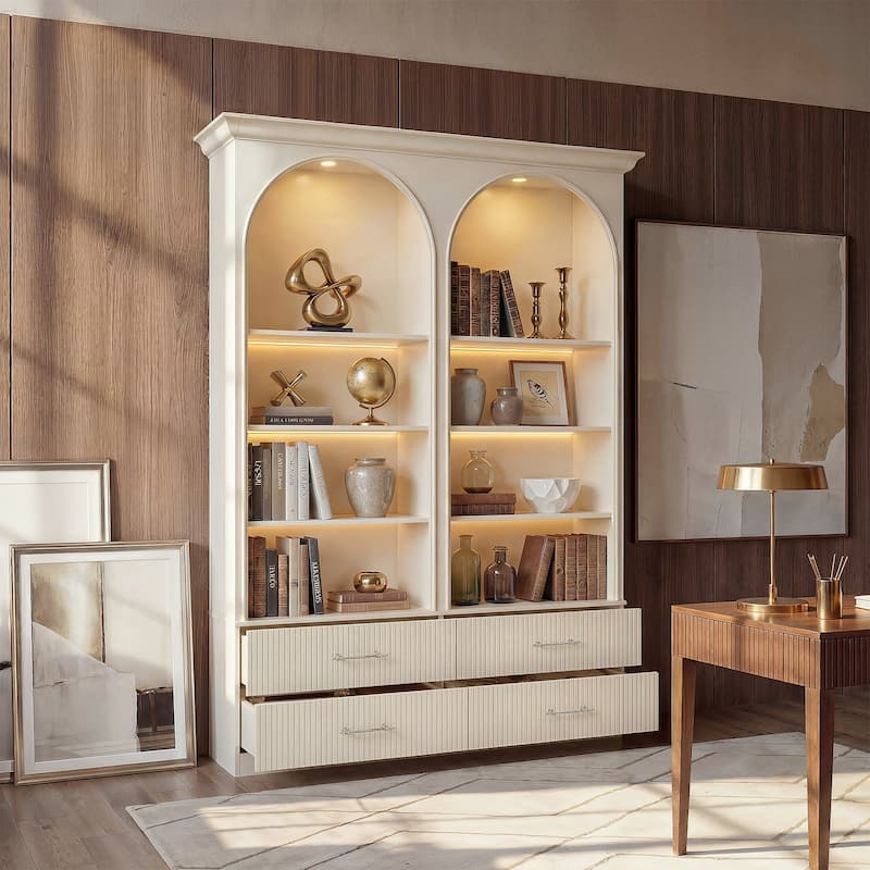 Modular Bookcase with LED Lights, Glass Door Storage Cabinet with Drawers, Large Display Shelving Unit Sideboard