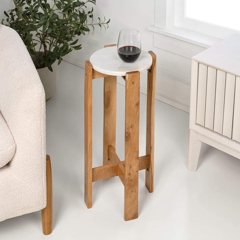 Elena 24″ Minimalist Structured Wood Drink & End Table, White Marble Round Top, By JONATHAN Y