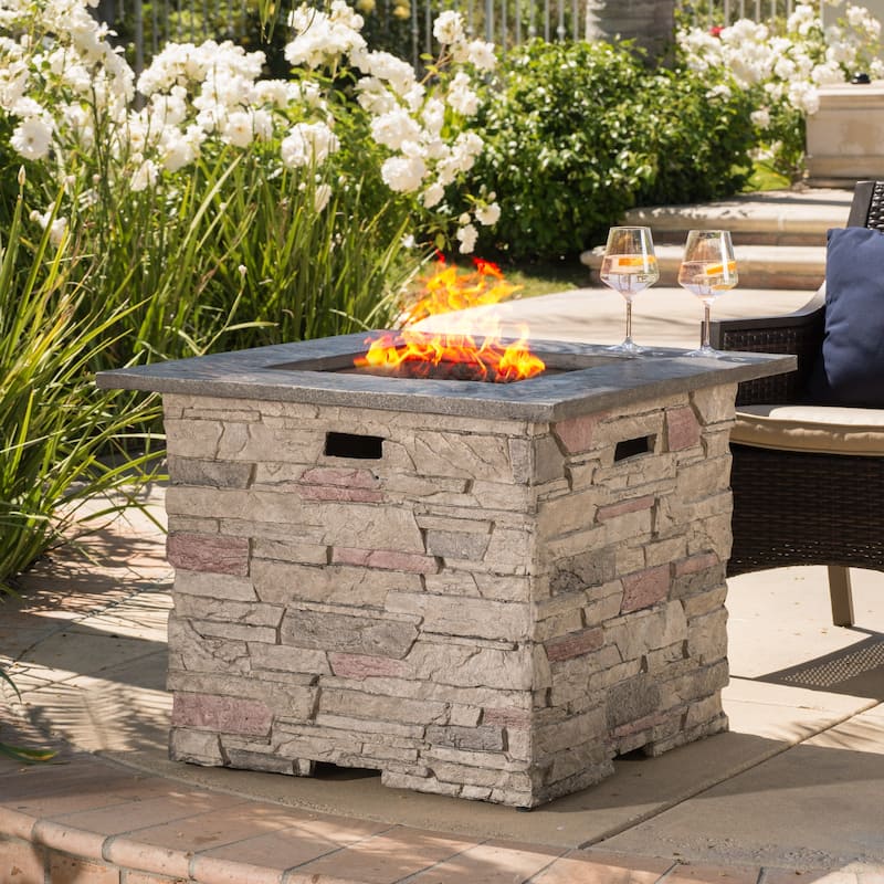 Hoonah 32-inch Outdoor Square Liquid Propane Fire Pit with Lava Rocks by Christopher Knight Home - Brown/Grey/Multi
