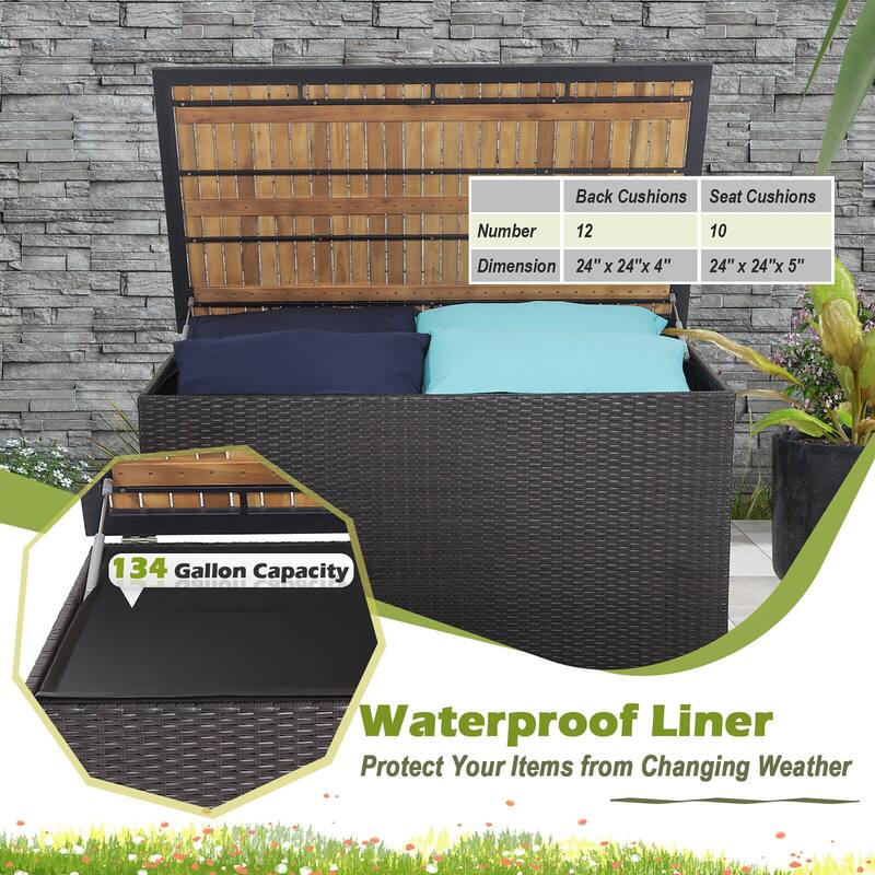 Gymax 134 Gallon Patio Wicker Storage Deck Box w/ Solid Acacia Wood