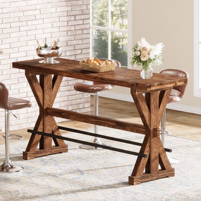 Farmhouse Solid Wood Counter Height Bar Table, 63" Tall Dining Table - N/A