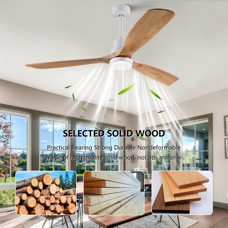 60 Inch Modern Ceiling Fan With 3 Color Dimmable 3 Solide Wood Blades Remote Control Reversible DC Motor With Led Light
