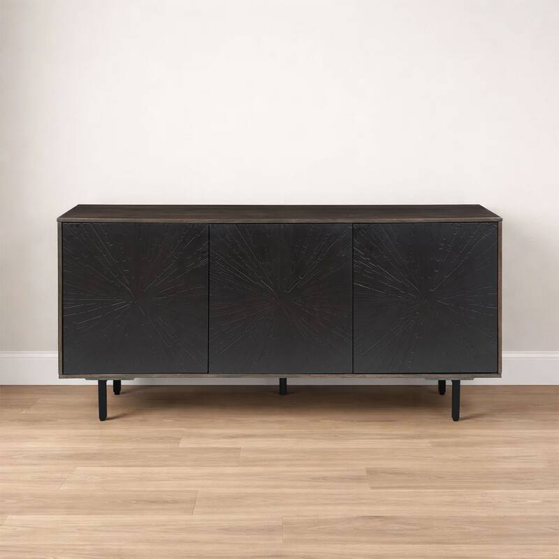 64 Inch Cosmo TV Stand Console, 3-Door Cabinet, Dark Walnut Brown & Black Mango Wood