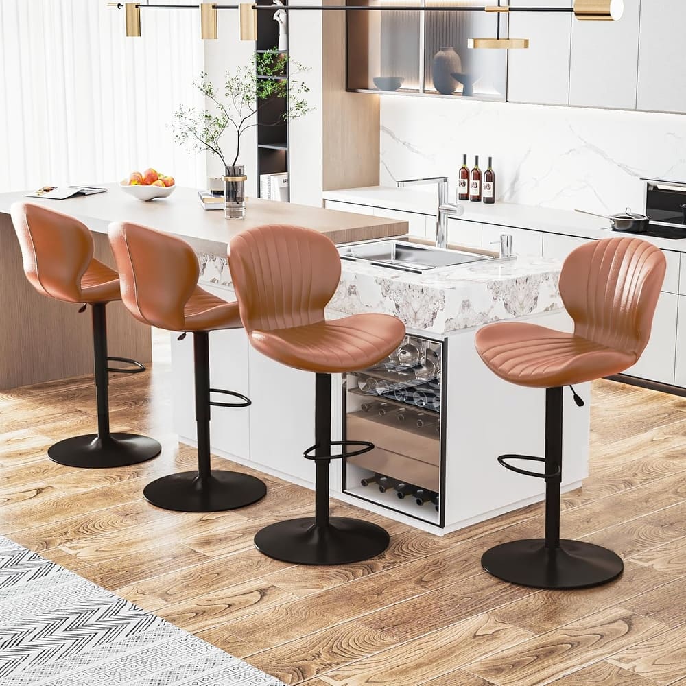 BOSSIN Set of 2 Modern Adjustable Bar Stools, Faux Leather Upholstered Swivel Counter Stools - 16.5"D x 19.6"W x 46.9"H