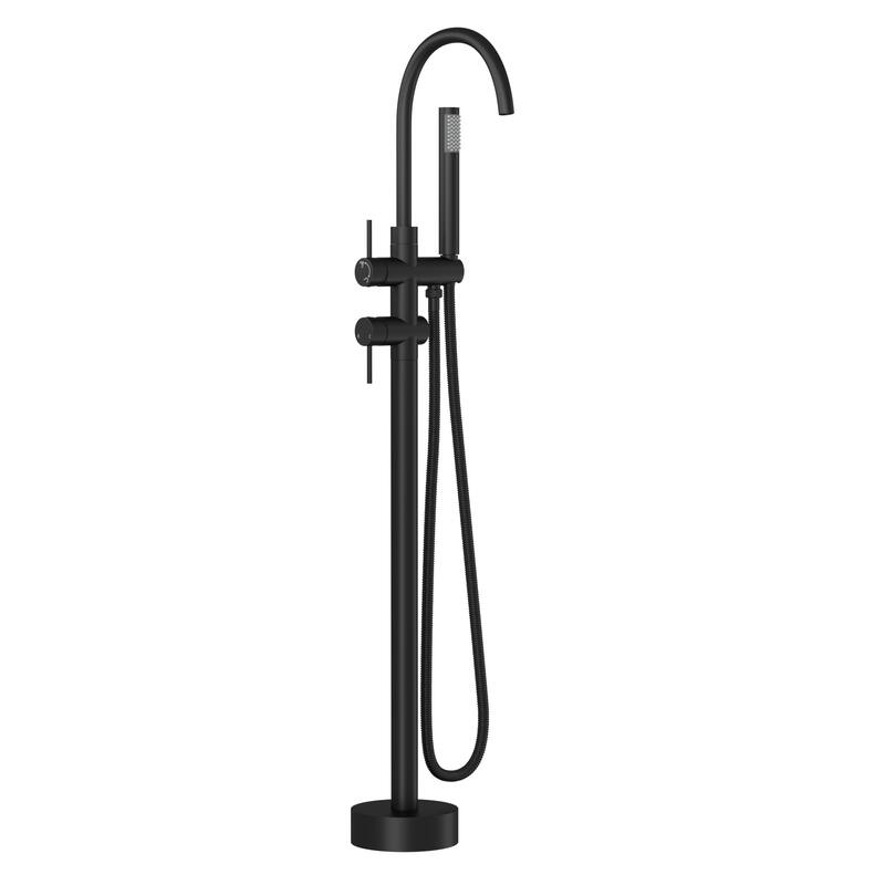 Freestanding Bathtub Faucet Floor Mount Tub Filler Matte Black, Swivel Gooseneck Spout with Cylinder Handheld