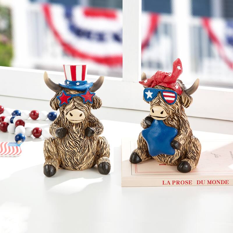 Glitzhome Set of 2 Patriotic July 4th Resin Highland Cows Table Decor