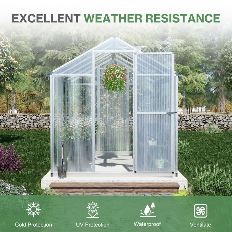 Aoodor 6' x 8' Polycarbonate Walk-in Greenhouse with Aluminum Frame and Roof Vent