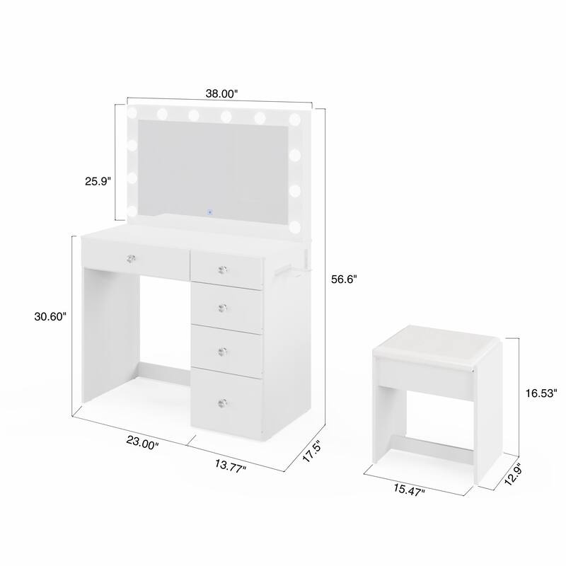 Boahaus White Makeup Vanity Desk with 13 Light Bulbs, Glass Top, USB-A & USB-C, 5 Drawers, Hair Dryer Holder, and Stool