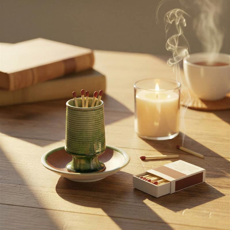 Stoneware Match Holder with Striker Plate - 5.5"L x 5.5"W x 5.0"H - Green