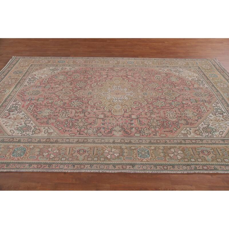 Hand Knotted Oriental 100% Wool Carpet Traditional Medallion Pink Tabriz Area Rug - 9' 4'' X 6' 5''