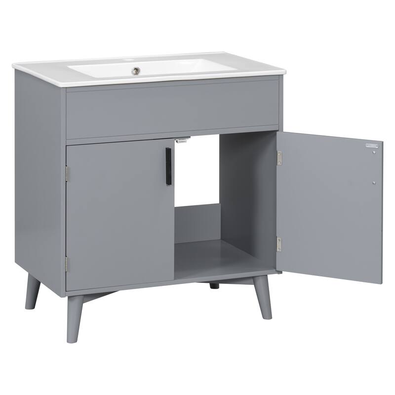 30" Wall-Mounted Bathroom Vanity with Double Door Storage, Solid Wood Frame, Space-Saving Design, Anti-Scratch Floor Mat