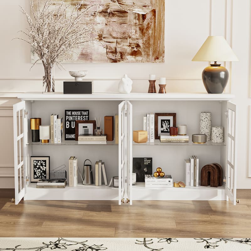 White Wall Cabinet with Glass Panel Doors, 4-Door Hanging Storage Unit for Kitchen, Coffee Bar, Laundry Bookshelves