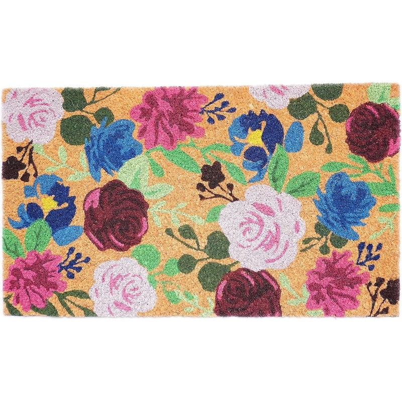 HomeRoots 17" X 29" Natural Pink And Blue Floral Outdoor Coir Door Mat - 17' X '29