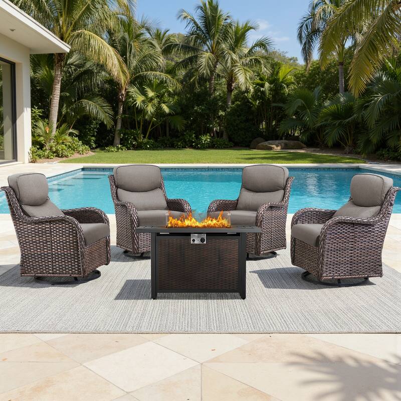 Meyreso 5-Piece Outdoor Patio Wicker Fire Pit 4 person Conversation Set with 5-Inch Thick Cushions