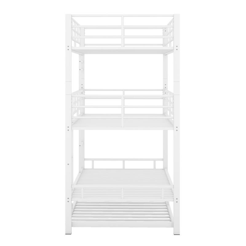 Twin Size Metal Triple Bunk Bed with Trundle, 2 Ladders & Guardrails, Simple Dormitory Bedroom Heavy Duty Iron Bed Frame