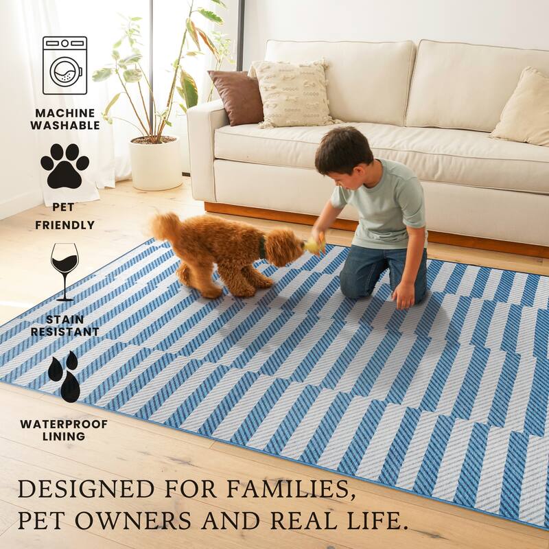 My Magic Carpet Tratti Offset Stripe Blue Machine Washable Rug