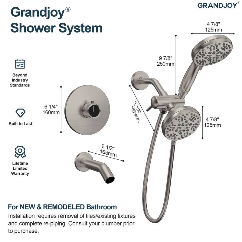 GRANDJOY 5-Spray Wall Mounted Shower Faucet System with Valve