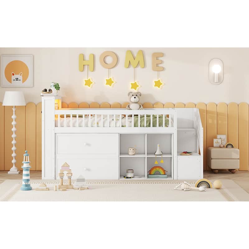 Roomfitters Twin Low Loft Platform Bed, LED Bookshelf and Storage Drawers with Wooden Frame for Bedroom or Guest Room, White