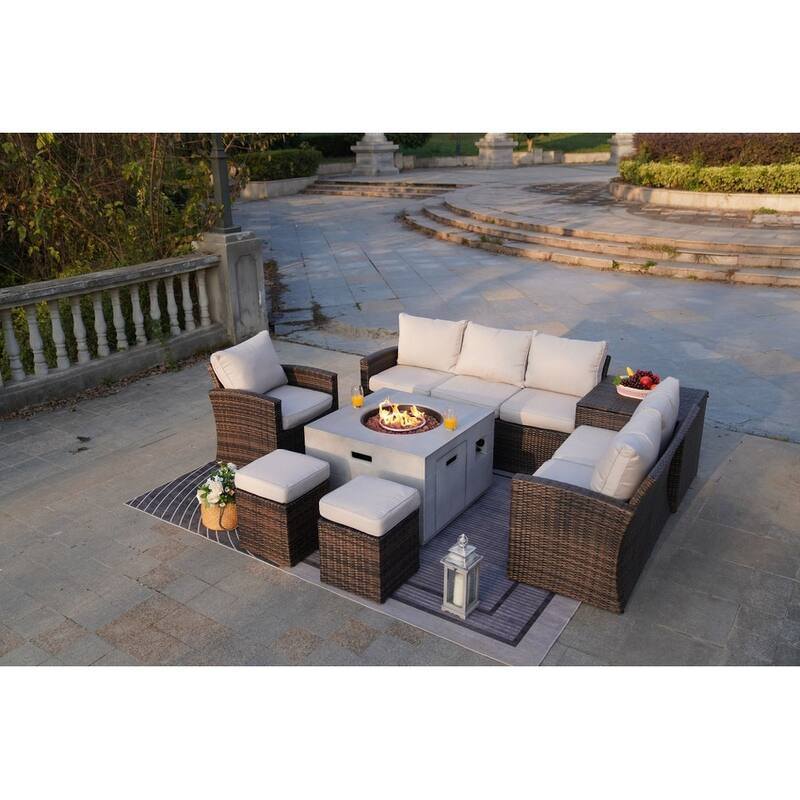 7-Piece Patio Brown Rattan Wicker Conversational Sofa Set with Fire Pit Table and Storage Box