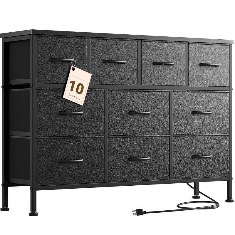 10 Drawer Dresser Fabric 43.3" TV Stand Power Outlet Chest of Drawers