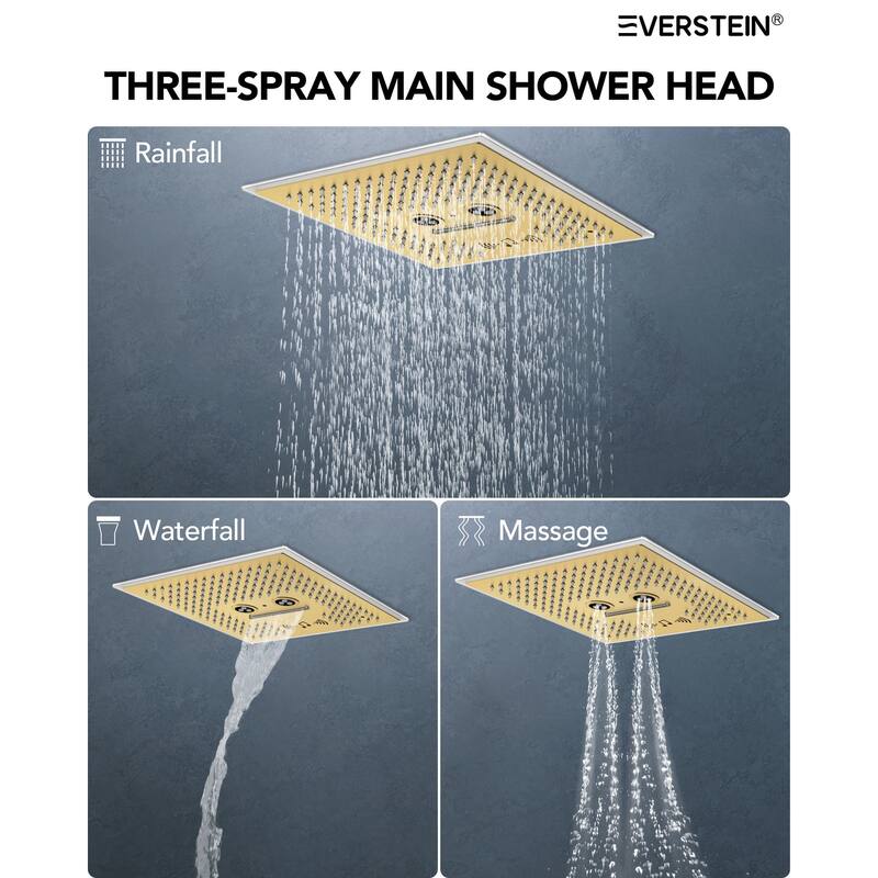 Thermostatic Music Shower System Dual Heads 16" & 6" Rainfall Waterfall LED Shower Head with High Pressure Handheld Spray