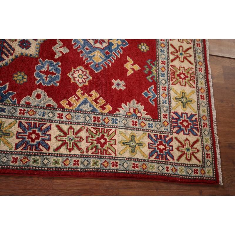 Red Traditional Geometric Kazak Accent Rug Hand-Knotted Wool Carpet - 3'1" x 5'0"