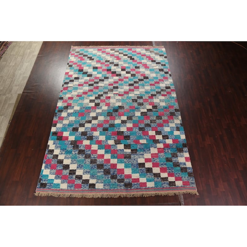 Checkered Modern Moroccan Oriental Area Rug Hand-knotted Wool Carpet - 9'10" x 14'10"