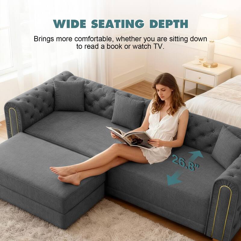 90.6" Velvet Pull Out Sofa Bed, 3-in-1 Convertible Sleeper Sofa with Movable Ottoman, Modern Button Tufted Chesterfield Sofa