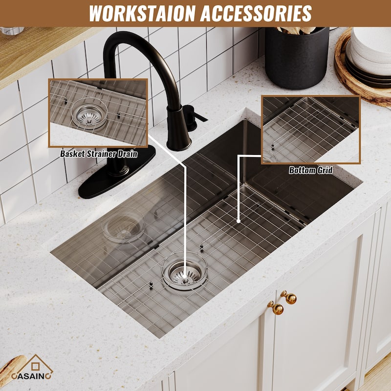 Stainless Steel Sink 16-Gauge Single Bowl Undermount Kitchen Sink in Brushed with Bottom Grid and Drainer