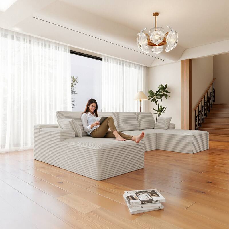 Roomfitters 131.9" Modular Sectional Sofa, 4-Piece Compressed Cloud Couch, No Assembly Required, Plush Corduroy, White