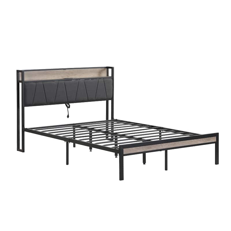 Beige+Black+Grey Queen Size Metal Platform Bed with Upholstery Storage Function Headboard and Usb Liner