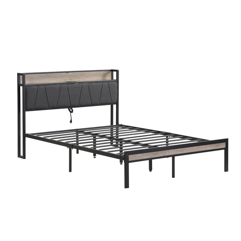 Full Size Bed Frame with USB LINER, Upholstered Headboard with Shelves, Metal Platform Bed with Footboard, No Box Spring Needed