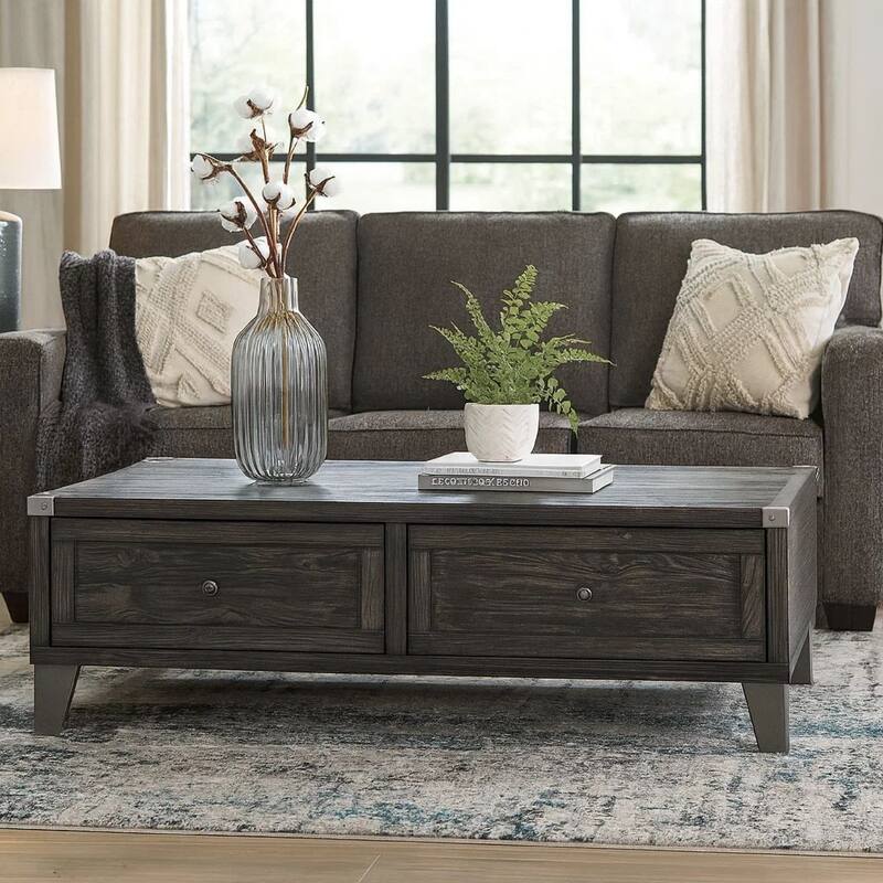 Wooden Lift Top Cocktail Table with 2 Drawers and Metal Accents, Gray