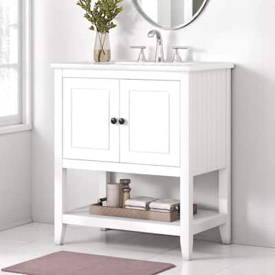 30" Freestanding Bathroom Vanity with Semilune Ceramic Sink, Solid Wood Frame & Open Shelf Design
