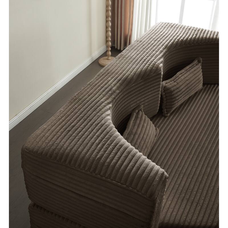Floor Sofa With 2 Pillows,Convertible Plush Corduroy Foam-Filled Sleeper Sofa Bed,15" Full Size Folding Mattress,Guest Bed