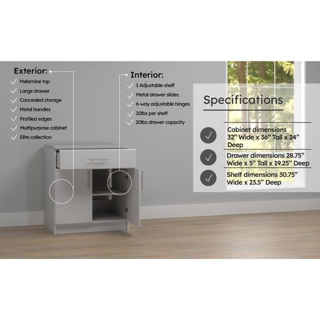 White 36" Cabinet with Adjustable Shelf, Storage Cabinet with Doors, Garage Cabinet with Drawer, Laundry Wood Cabinet - 36 Inch