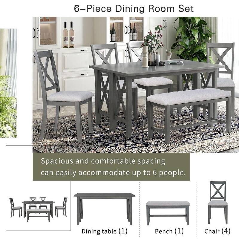 6 PCS Family Dining Room Set for 6-Solid Wood Foldable Table and 4 Chairs with Bench