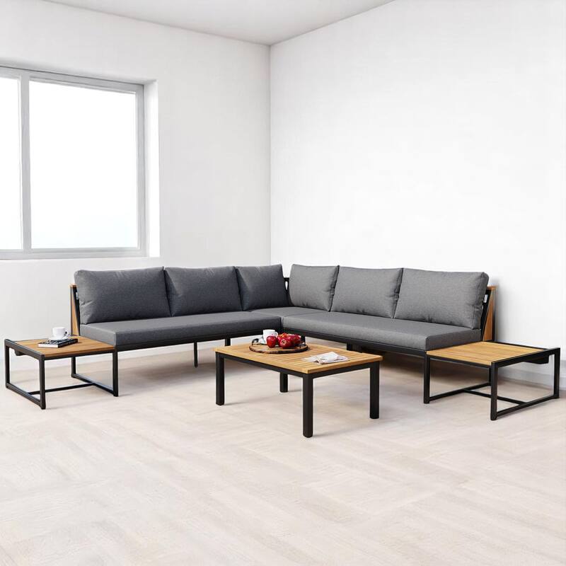 4-Piece Outdoor Sofa Set with Loveseat, Corner Chair, Coffee Table, and Cushions, Iron and Acacia Wood Frame,Patio Furniture set