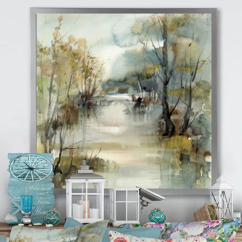 Designart "Winter River Landscape Illustration" Traditional Framed Wall Decor - 16 In. Wide x 16 In. High - Silver