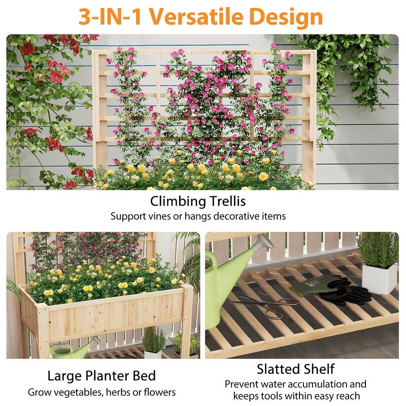 Gymax Raised Garden Bed w/ Trellis Wooden Elevated Planter Box w/ Legs