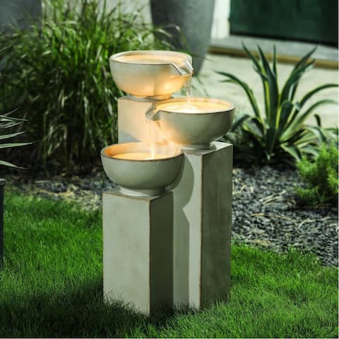 Distressed Off White with Brown Accents Resin 3-Tier Column Outdoor Fountain with LED Light