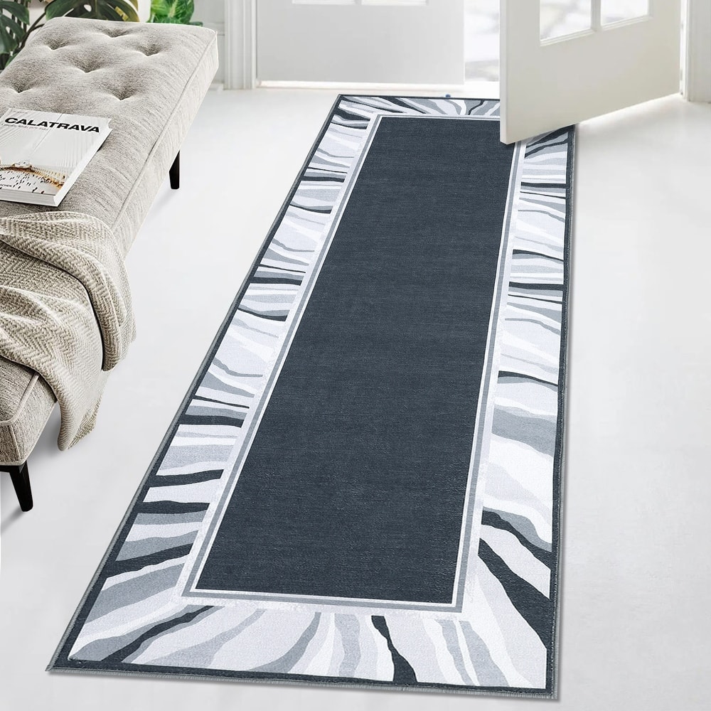 Modern Bordered Area Rugs for Living Room Bedroom Low Pile Non-Slip Rug Carpet