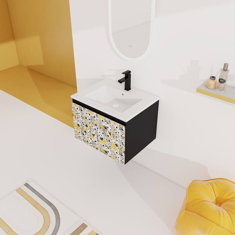 24" Floating Wall-Mounted Bathroom Vanity with Soft-Close Doors, Ceramic Sink, Eco-Friendly Plywood Base