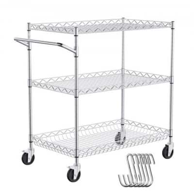 Silver Chrome Steel 3-Tier Utility Cart Rolling Cart with Wheels and Adjustable Shelves - 30" L x 18" W x 32.4" H