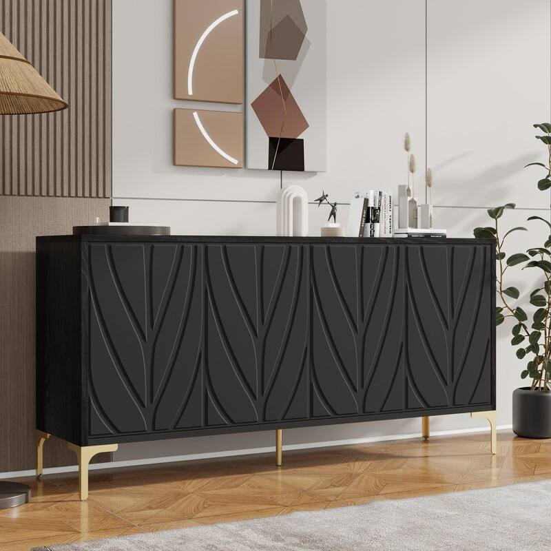 59.84" Carved Sideboard Buffet Cabinet with Press-to-Open Design for Dining Room or Living Room
